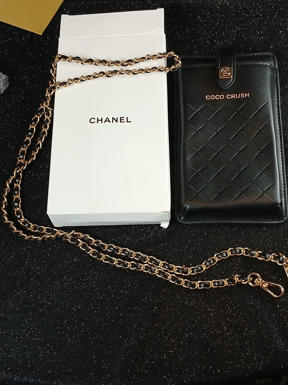CHANEL Black Quilted Coco Crush Phone Crossbody with Gold Chain Strap